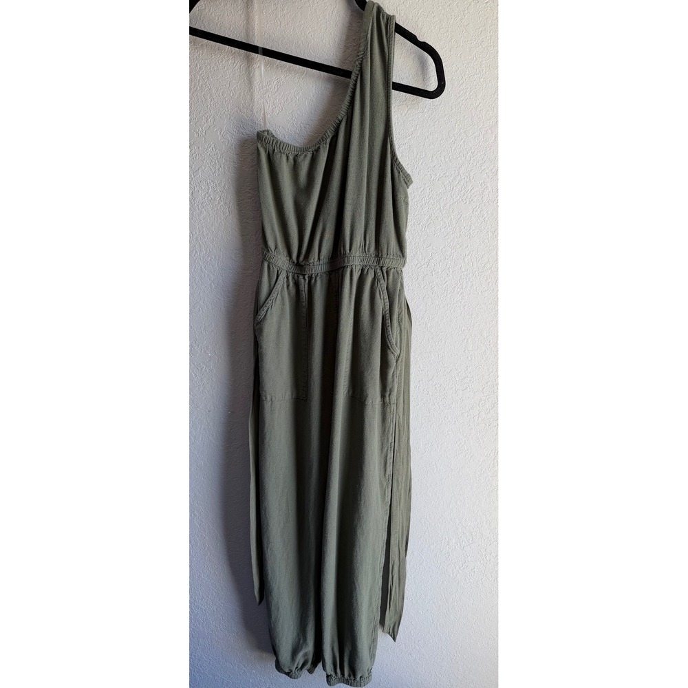 American Eagle One Shoulder Linen Blend Jumpsuit Sage Green S Belted Jogger Read